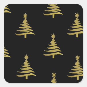 Weihnachtsbäume Gold auf Schwarz Quadratischer Aufkleber