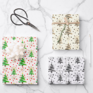 Weihnachtsbäume & Goldschneeflocken, Sepia, Grau Geschenkpapier Set