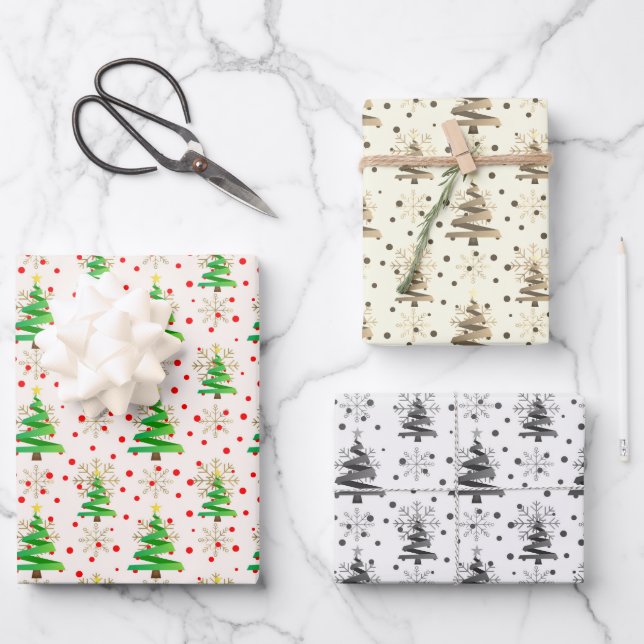 Weihnachtsbäume & Goldschneeflocken, Sepia, Grau Geschenkpapier Set (Vorderseite)
