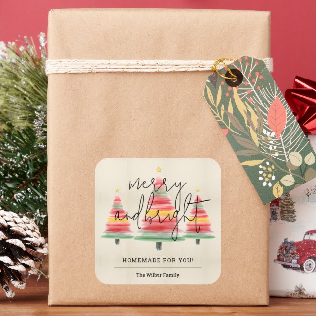 Weihnachtsbäume in Aquarellen hausgemacht für Sie Quadratischer Aufkleber (Feiertag)