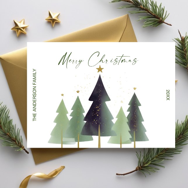 Weihnachtsbäume in Aquarellen Minimalistisch Moder Einladung (Watercolor Christmas Trees Minimalist Modern Green Invitation)