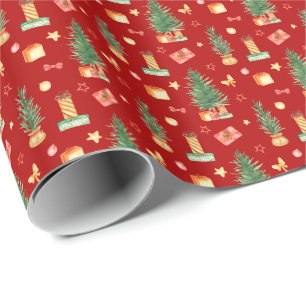Weihnachtsbäume in Aquarellen mit Presents Red Geschenkpapier