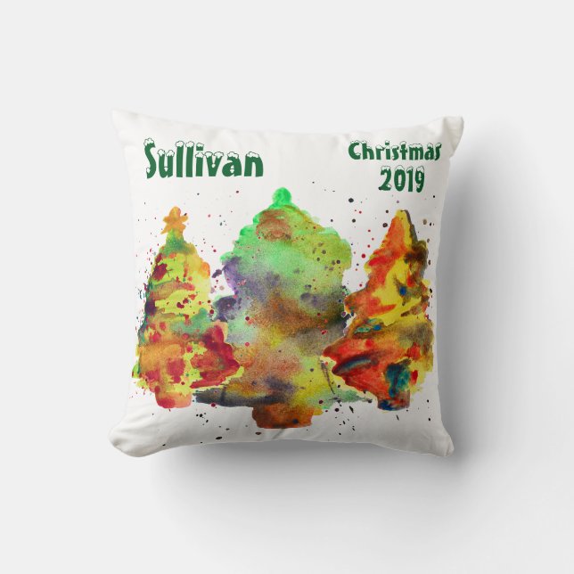 Weihnachtsbäume in Aquarellen, personalisieren mit Kissen (Vorderseite)