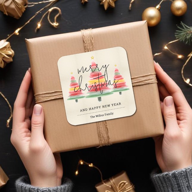 Weihnachtsbäume in Aquarellen Quadratischer Aufkleber (Merry Christmas Watercolor Stripes Christmas Trees 3" Square Stickers)