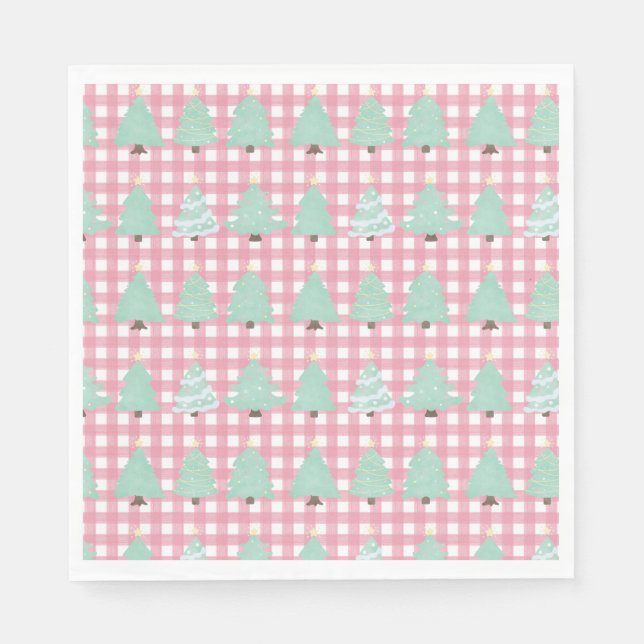 Weihnachtsbäume in Aquarellfarben mit rosa Kariert Serviette (Vorderseite)