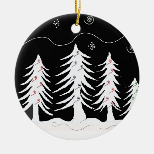 Weihnachtsbäume in Schwarz und Weiß Keramik Ornament (Vorne)
