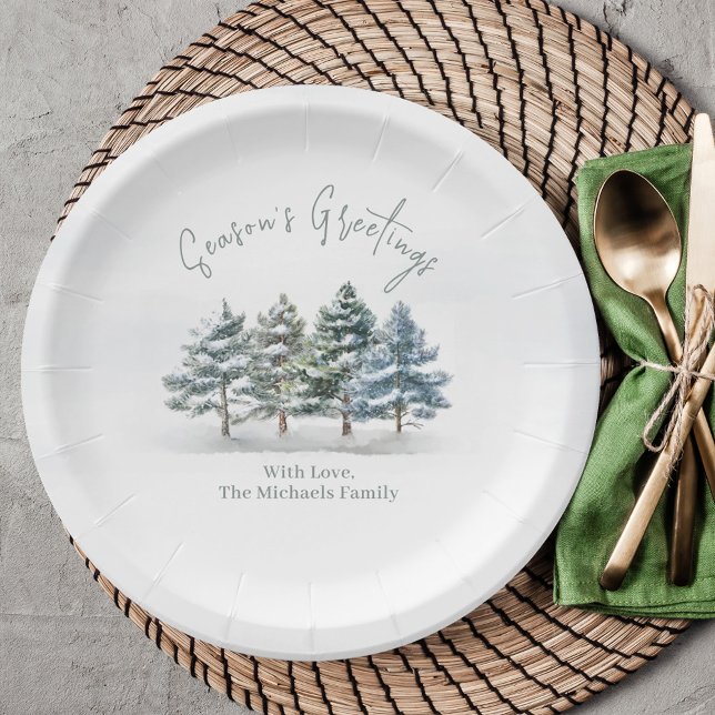 Weihnachtsbaume in Wasserfarbe der Jahreszeit Pappteller (Season's Greeting Custom party paper plate. )