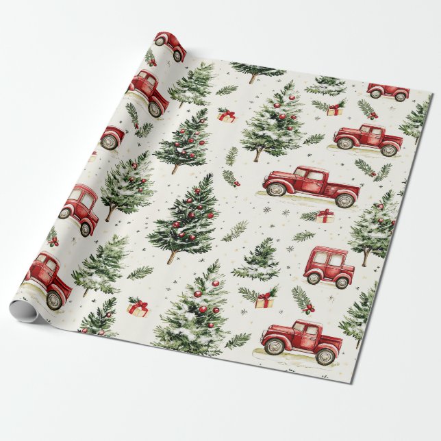 Weihnachtsbäume mit alten roten LKW Geschenkpapier (Ungerollt)