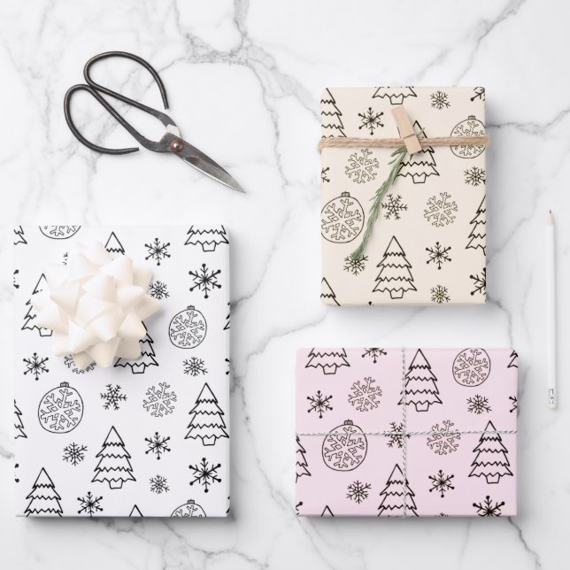 Weihnachtsbäume Ornamente Schneeflocken Weihnachte Geschenkpapier Set (Vorderseite)