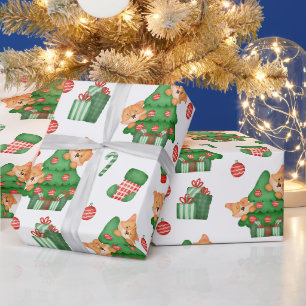 Weihnachtsbäume, Ornamente und Katzen Geschenkpapier