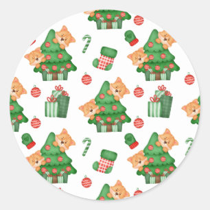 Weihnachtsbäume, Ornamente und Katzen Runder Aufkleber