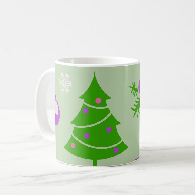 Weihnachtsbäume, Ornamente und Schneeflocken Muste Kaffeetasse (Vorderseite Links)