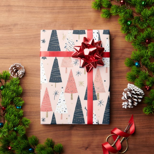 Weihnachtsbäume Pink Schwarz  Geschenkpapier (Feiertagsgeschenk)