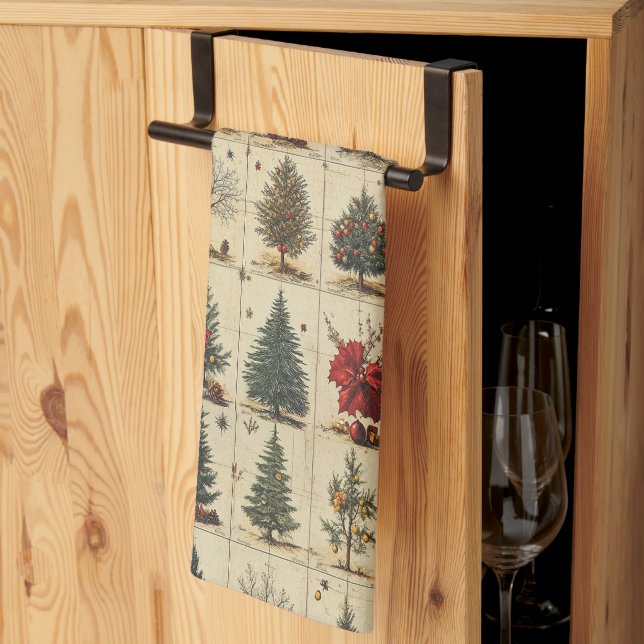 Weihnachtsbäume Poinsettia Elegante Vintag Geschirrtuch (Drittel gefaltet)