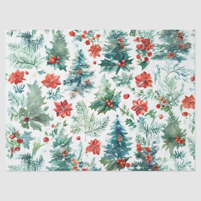 Weihnachtsbäume, Poinsettias, Holly und Pine Deko Seidenpapier (Vorderseite)