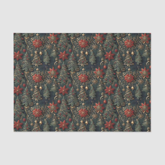 Weihnachtsbäume, Poinsettien, Schneeflocken, Stern Seidenpapier (Vorderseite)