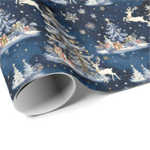 Weihnachtsbäume, Rentiere und Schneeflocken Geschenkpapier