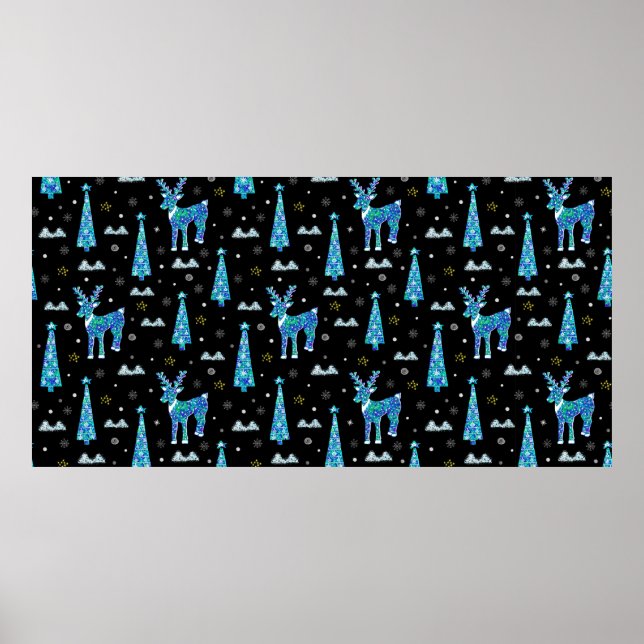 Weihnachtsbäume, Rentierschneeflocken. Winter illu Poster (Vorne)