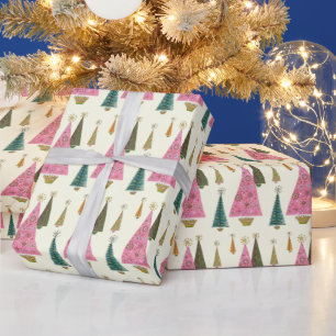 Weihnachtsbäume Retro Rosa Gold Grün Geschenkpapier