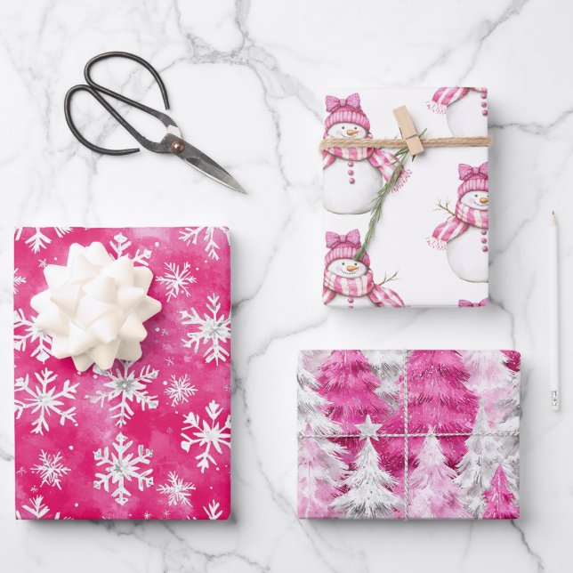 Weihnachtsbäume Rosa weiße Schneeflocken Geschenkpapier Set (Vorderseite)