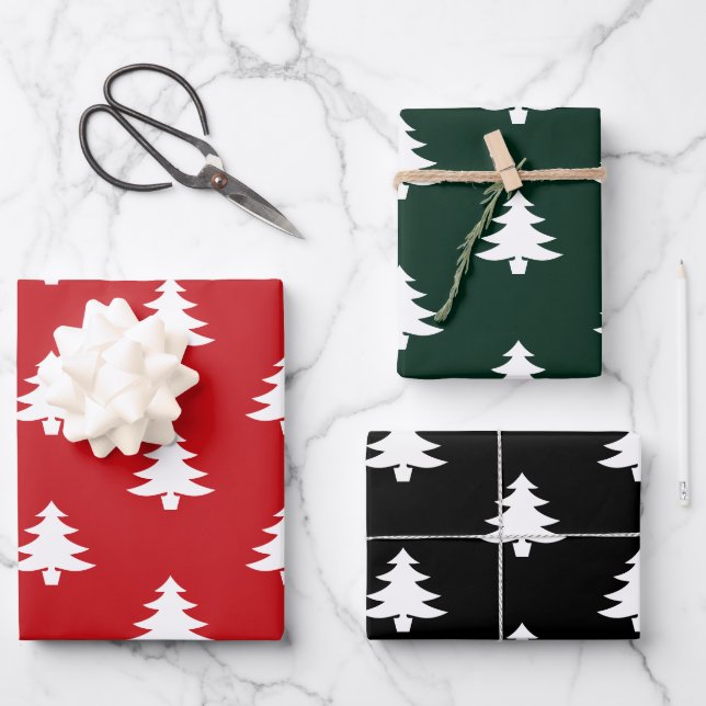 Weihnachtsbäume Rot dunkelkiefer grün Schwarz-weiß Geschenkpapier Set (Vorderseite)