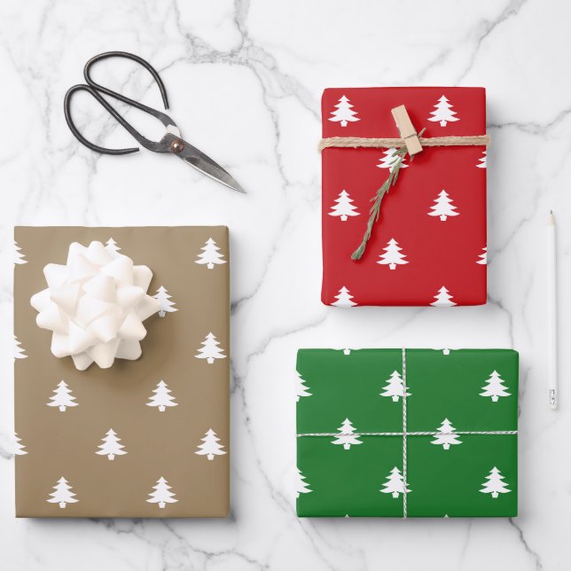 Weihnachtsbäume Rot-Weiß-Kran Geschenkpapier Set (Vorderseite)