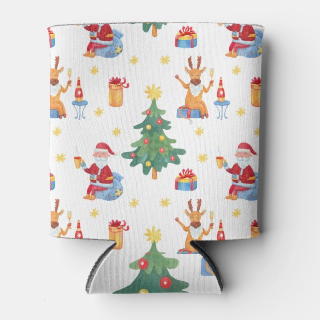 Weihnachtsbäume, Santa: Aquarellmuster. Dosenkühler (Vorderseite)