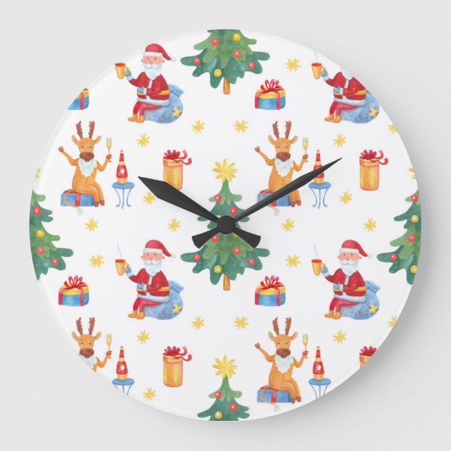 Weihnachtsbäume, Santa: Aquarellmuster. Große Wanduhr (Vorderseite)