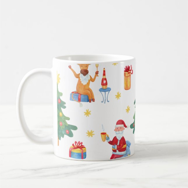 Weihnachtsbäume, Santa: Aquarellmuster. Kaffeetasse (Links)