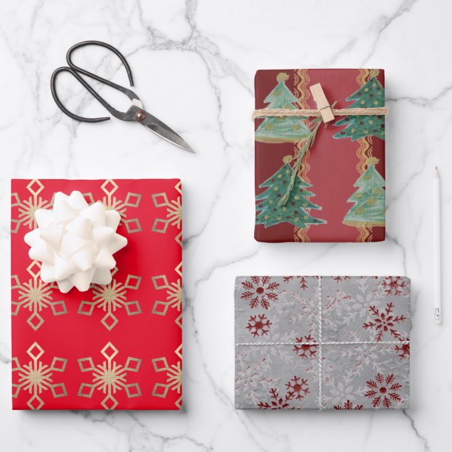 Weihnachtsbäume Schneeflocken Geschenkpapier Set (Vorderseite)