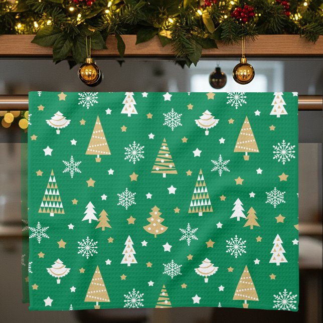 Weihnachtsbäume Schneeflocken Muster Grün Geschirrtuch (Von Creator hochgeladen)