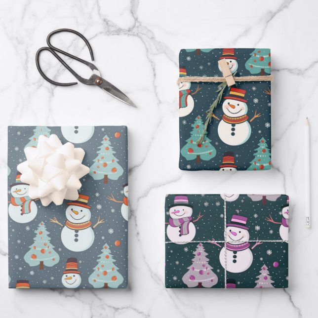 Weihnachtsbäume Schneeflocken Schneemänner Weihnac Geschenkpapier Set (Vorderseite)
