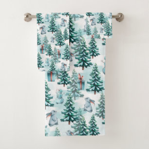 Weihnachtsbäume, Schneemänner, Bunnies und Geschen Badhandtuch Set