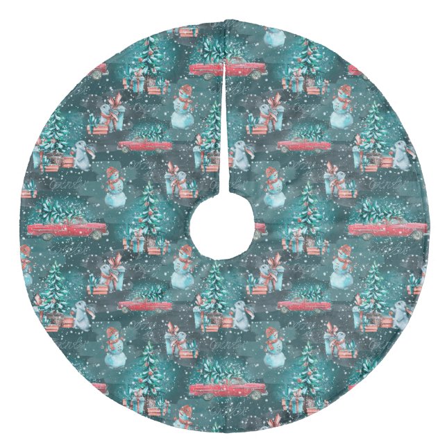 Weihnachtsbäume, Schneemänner, Bunnies und LKW Fleece Weihnachtsbaumdecke (Vorderseite)