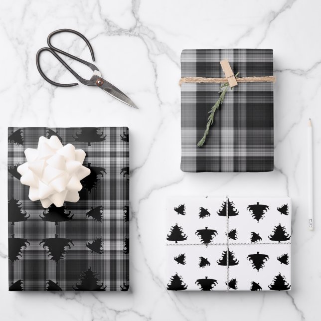 Weihnachtsbäume Schwarz Kariert Geschenkpapier Set (Vorderseite)