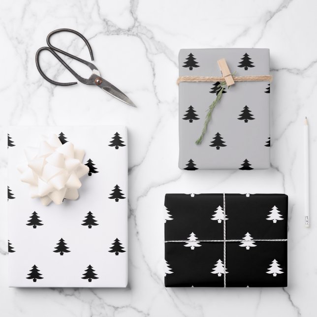 Weihnachtsbäume Schwarz-weiß grau minimalistisch Geschenkpapier Set (Vorderseite)