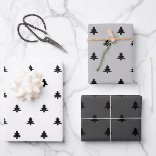 Weihnachtsbäume Schwarz-weiß grau minimalistisch Geschenkpapier Set