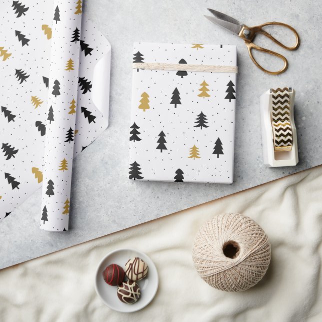 Weihnachtsbäume schwarzes Goldmuster Wrapper Papie Geschenkpapier (Kunsthandwerk)