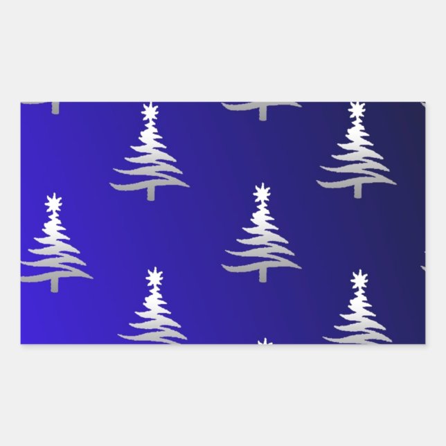 Weihnachtsbäume Silber auf Cobalt Blue Rechteckiger Aufkleber (Vorderseite)