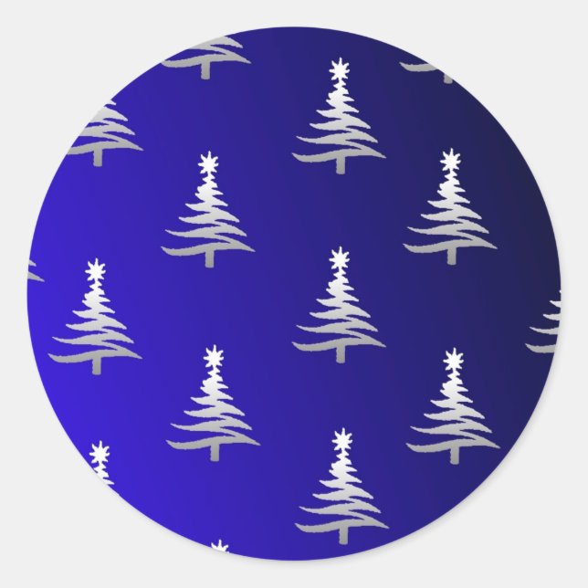 Weihnachtsbäume Silber auf Cobalt Blue Runder Aufkleber (Vorderseite)