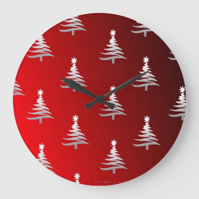 Weihnachtsbäume Silber auf Rot Große Wanduhr (Vorderseite)