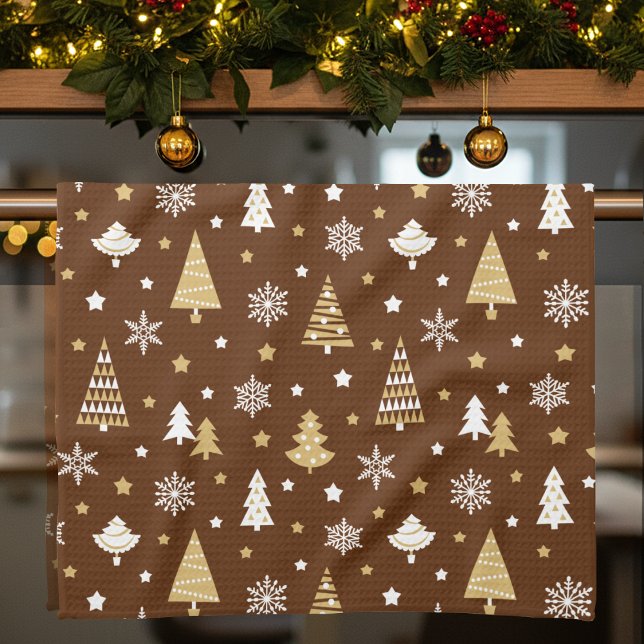 Weihnachtsbäume Snowflakes Pattern Brown Geschirrtuch (Von Creator hochgeladen)