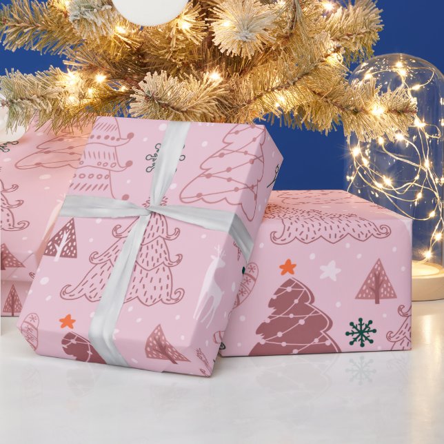Weihnachtsbäume Sterne Schneeflocken Rosa Weihnach Geschenkpapier (Feiertage)