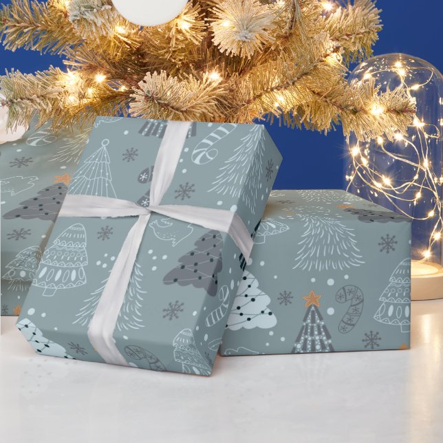 Weihnachtsbäume Tauben Schneeflocken Grüne Weihnac Geschenkpapier (Feiertage)