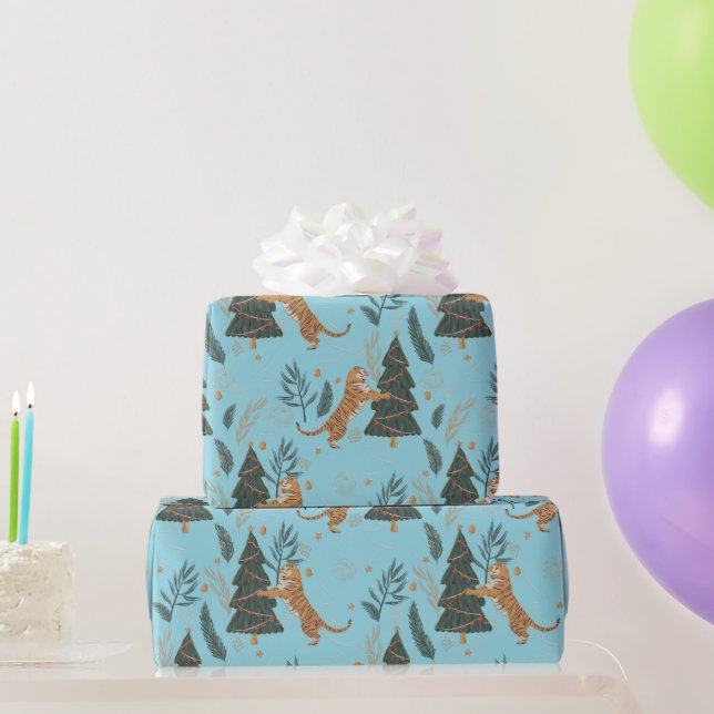 Weihnachtsbäume & Tiger Muster Blaue Hintergrundfa Geschenkpapier (Partygeschenke)
