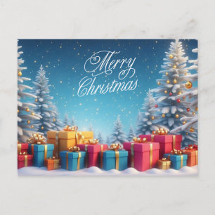 Weihnachtsbäume und Geschenkboxen Winterlandschaft Feiertagspostkarte