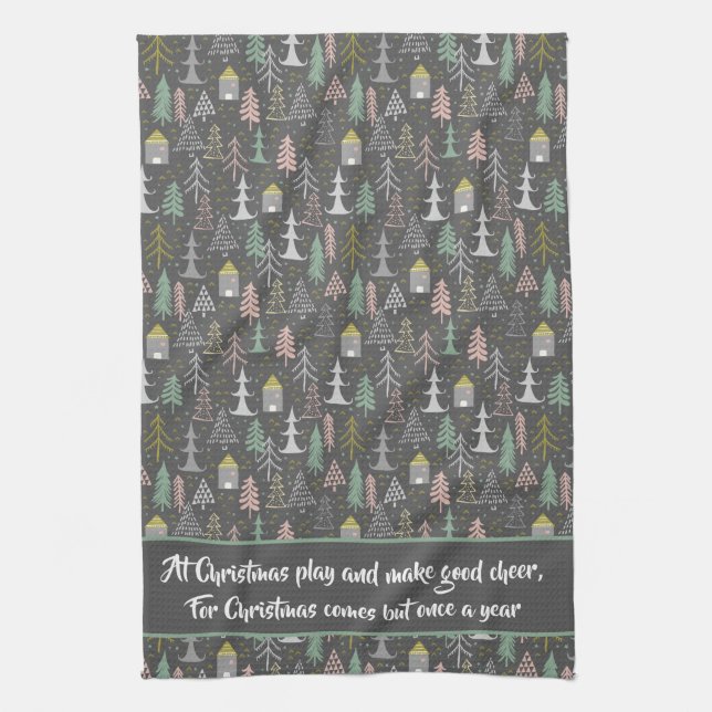 Weihnachtsbäume und Häuser in Halbpension Rosa Gel Geschirrtuch (Vertikal)