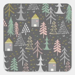 Weihnachtsbäume und Häuser in Halbpension Rosa Gel Quadratischer Aufkleber