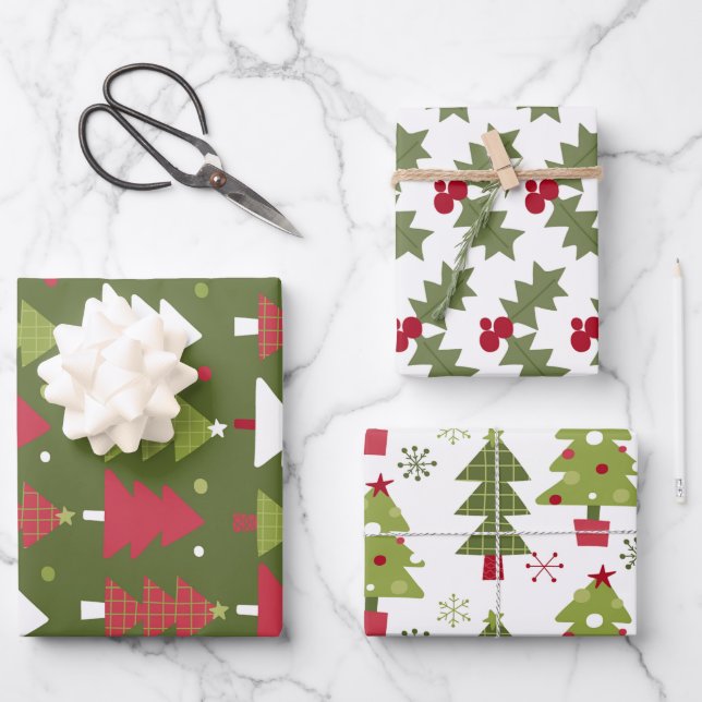 Weihnachtsbäume und Holly Rot und Grün Geschenkpapier Set (Vorderseite)