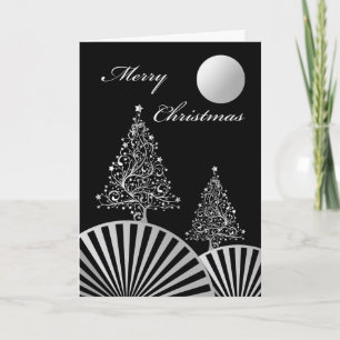 Weihnachtsbäume und Mond, Modernes Silberdesign Karte